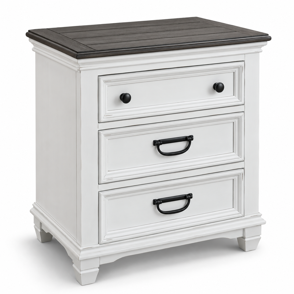 Farmhouse 3-Drawer Nightstand – Weathered White & Dark Grey 26"