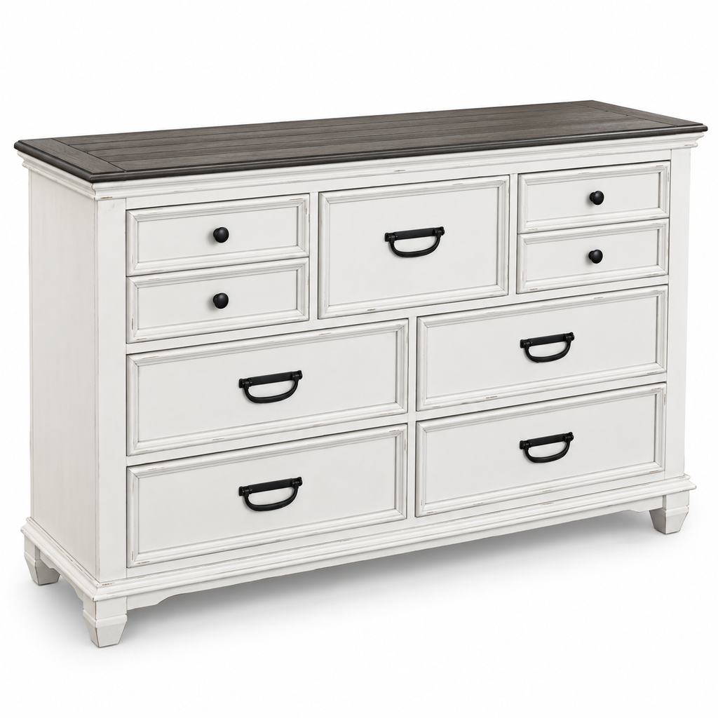 Farmhouse 7-Drawer Dresser – Weathered White & Dark Grey 63"