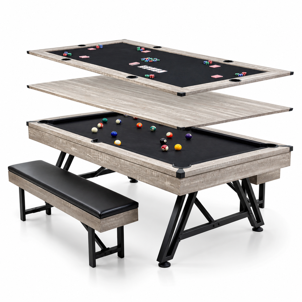 Triple Play 89" 3-in-1 Billiard, Poker & Dining Table Set – Vintage Grey Oak